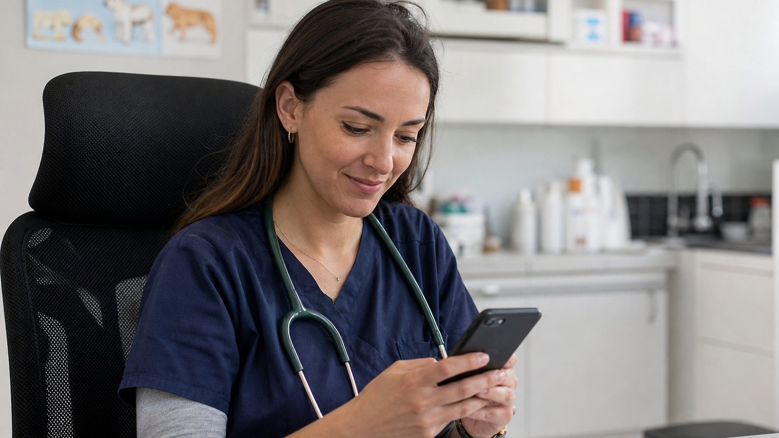Vétérinaire programmant l'envoi d'un rappel de vaccin sur son téléphone au comptoir de la clinique