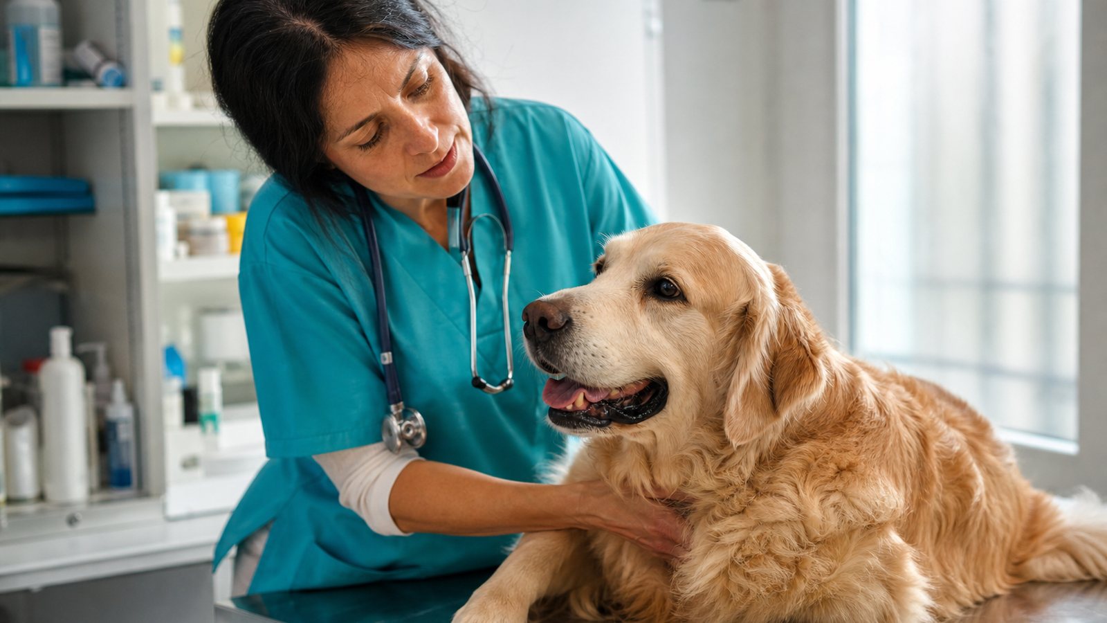 Vétérinaire examinant un chien lors d'une consultation de rappel de vaccin en clinique